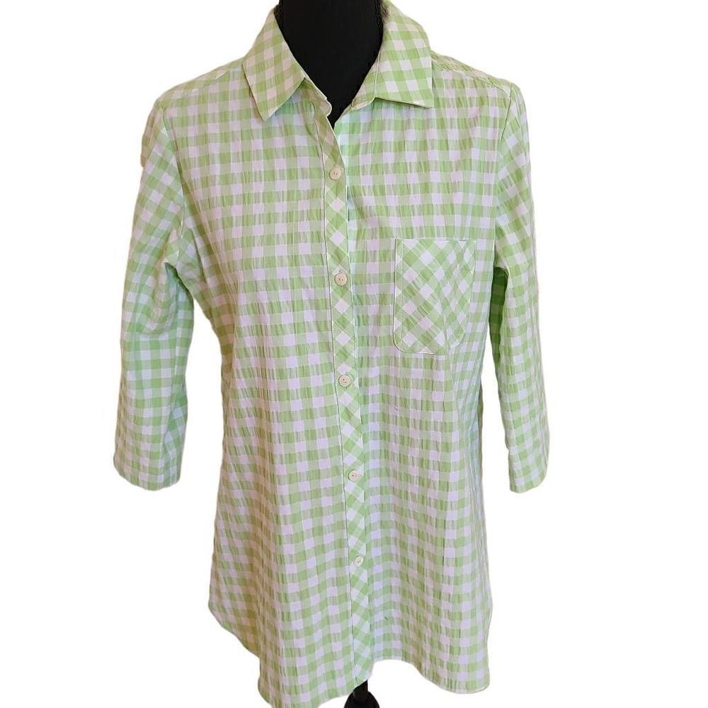 Foxcroft Womens Seersucker Cotton Gingham Pocket Shirt Size 6